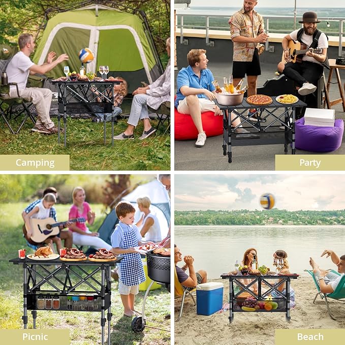 Anbte 2ft Small Roll Up Camping Table, 2 Adjustable Height Aluminum Portable Camping Table with Storage Net & Bag, Lightweight Waterproof Folding Table for Indoor Outdoor BBQ Picnic, 25” X 16”, Black