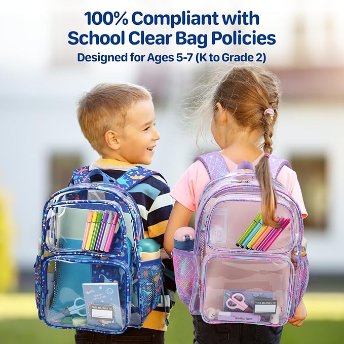 Bagseri Clear Backpack for Boys - 15 Inch Heavy Duty Kids Clear Bookbag for Kindergarten to Grade 2, Transparent School Bag with Reflective Strip, Fits Folders, Blue Dinosaur