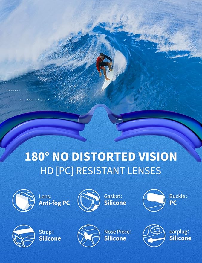 7 in 1 Swim Goggles + Swim Cap for Men Women,No Leak Anti-Fog & UV, Wide Visio HD Mirror PC Lens