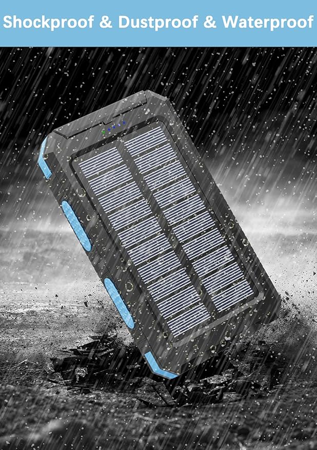 Solar Charger Power Bank - 36800mAh Solar Phone Charger, USB-C QC3.0 Fast Charger with LED Flashlight, IP65 Waterproof Portable Power Bank for Camping, Hiking Outdoor Activities（Blue）