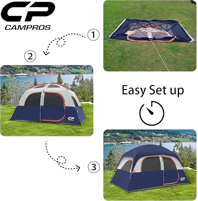 CAMPROS CP Upgraded 6/8 Person Camping Tents, Waterproof Windproof Family Tent with Larger Mesh Windows & Door, Double Layer, Easy Set Up, All-Season Dome Tent with Top Rainfly & Carry Bag
