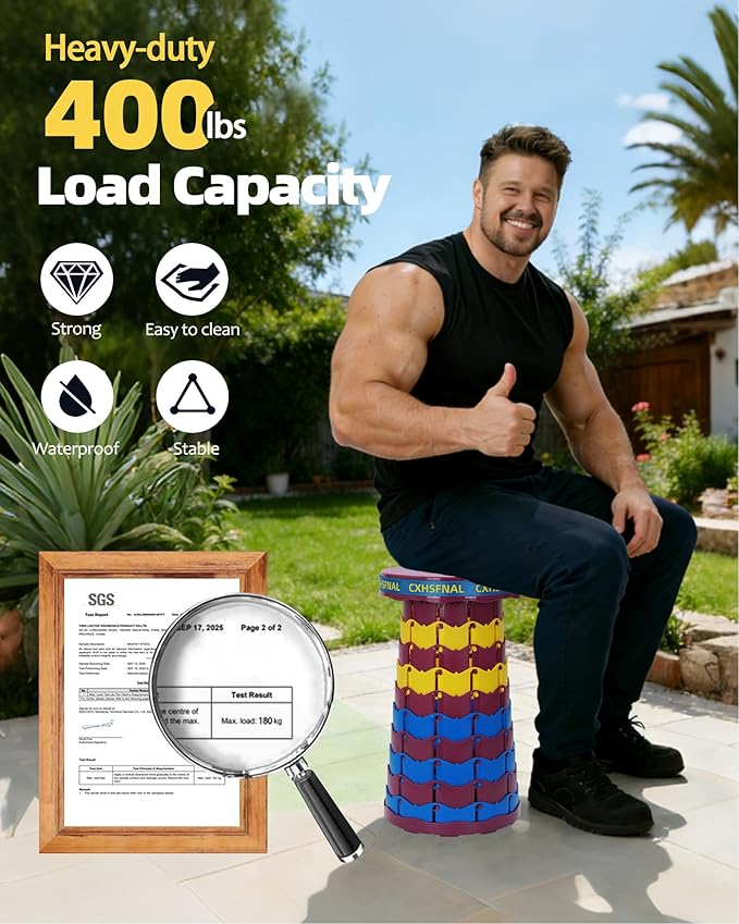 2 Pack Portable Collapsible Stools - Adjustable Folding Stool for Adults, Retractable Foldable Seat with Load Capacity 400lbs for Camping, Hiking, Fishing, Outdoor/Indoor, Multicolored