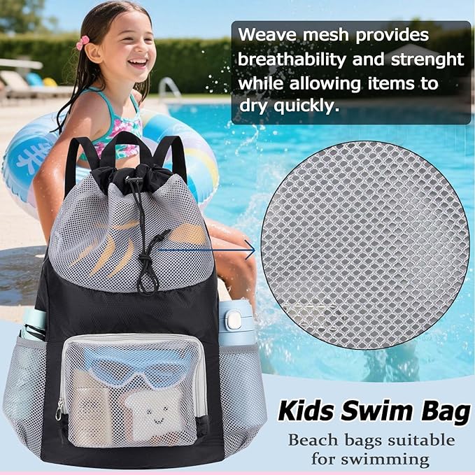 Swim Bag for Kids Mesh Beach Backpack for Boys Lightweight Drawstring Beach Bag Swimming Pool Sports Gym String Bag (Black)