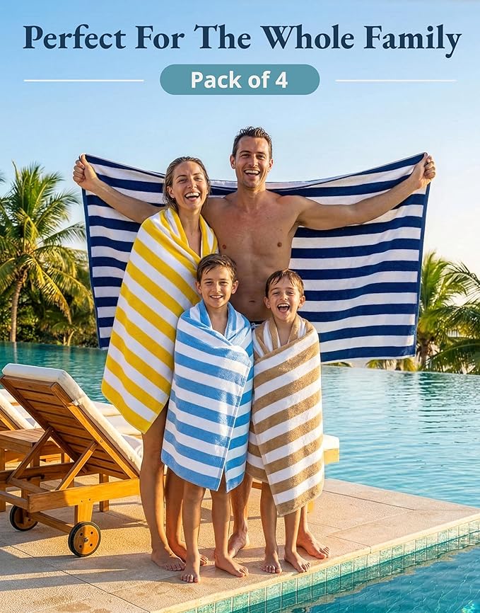LANE LINEN Beach Towels 4 Pack - 520 GSM 100% Cotton Pool Towel for Adults – (30" x 60") Beach Towels Oversized, Thick & Highly Absorbent - Super Soft, Comfy & Quick Dry Cabana Stripe Large Towel