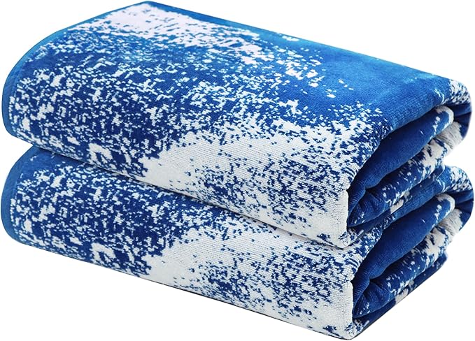 COTTON CRAFT Oversized Beach Towels - 2 Pack XXL 35x84 - Summer Wave - The Big Kahuna 7 Foot Extra Large Beach Blanket Towel - Big & Tall - 100% Cotton Jacquard Velour Soft Pool Bath Towel - Blue