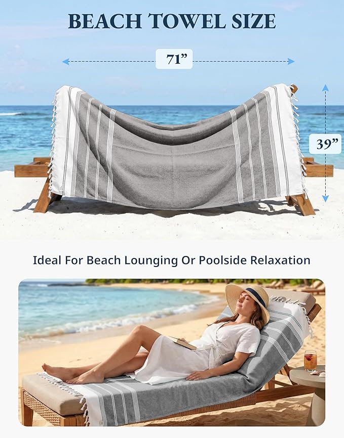 LANE LINEN Beach Towel, Oversized Beach Towel 39"x71", Lightweight Beach Essentials for Women, Large Pool Towel, Absorbent & Quick Dry, Sand Free Beach Towel - Ebony