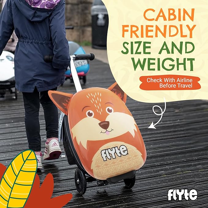 FLYTE Scooter Suitcase Folding Kids Luggage – Frazer the Fox, 18 Inch Hardshell, Ride On with Wheels, 2-in-1, 25 Litre Capacity