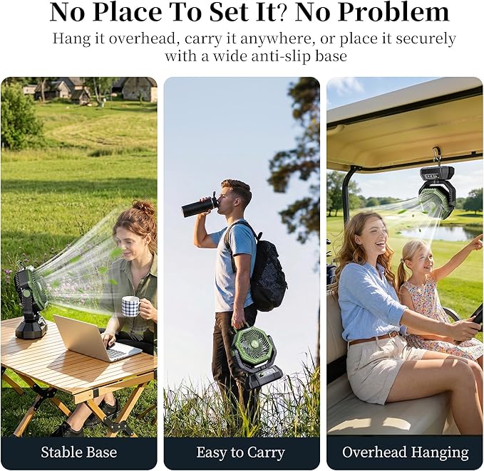 AJVV Camping Fan with Light, Remote and Oscillation, Battery Powered Hanging Tent Fan, Rechargeable Portable for Camp, Outdoor, Emergencies, Fishing, RV Travel, Jobsite