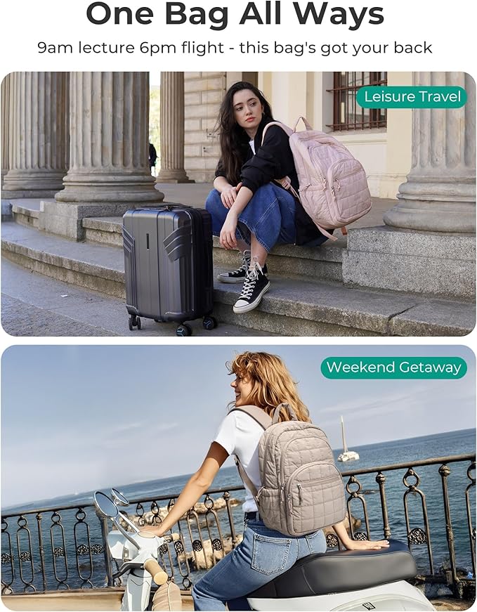 BAGSMART College Laptop Backpack, Travel Backpack for Women, Quilted Casual Daypack, Water-Resistant Bookbag for 15.6 Inch Laptop, Pink