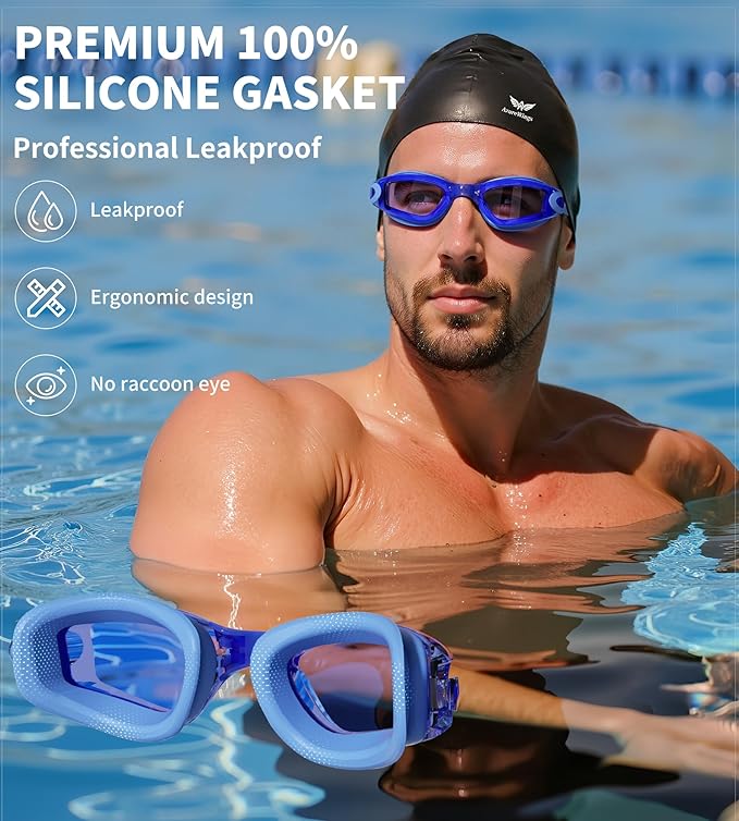 7 in 1 Swim Goggles + Swim Cap for Men Women,No Leak Anti-Fog & UV, Wide Visio HD Mirror PC Lens