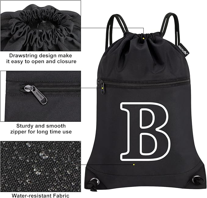 HOLYLUCK Drawstring Bags Initial Backpack Sackpack Cinch Bags for Sports, Gym, Travel, Beach(Black-B)