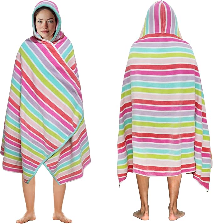 COTTON CRAFT Hooded Beach Towel – Oversized 35 x 70 Towel with Hood for Adults - 100% Cotton Velour Dobby Terry Towel - 450 GSM Pool Bath Wrap - Soft Absorbent Quick Dry – Pink Multi