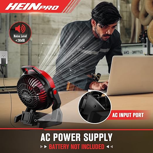HEINPRO Battery Powered Fan Compatible with Milwaukee M18 18V Battery with AC Adapter (No Battery) Up to 650CFM, Variable Speed, Low Noise 30dB, Portable Cordless Fan for Camping, Jobsite