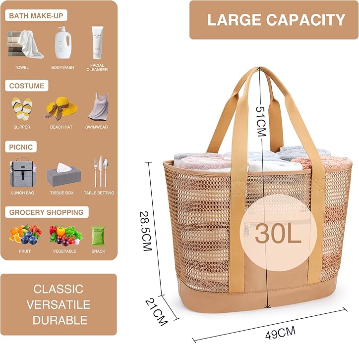 KALIDI Upgrade Version Beach Mesh Tote Bag MAX 27L Large capacity,Shoulder Bag Nylon Hobo Women Casual Foldable Beach Picnic