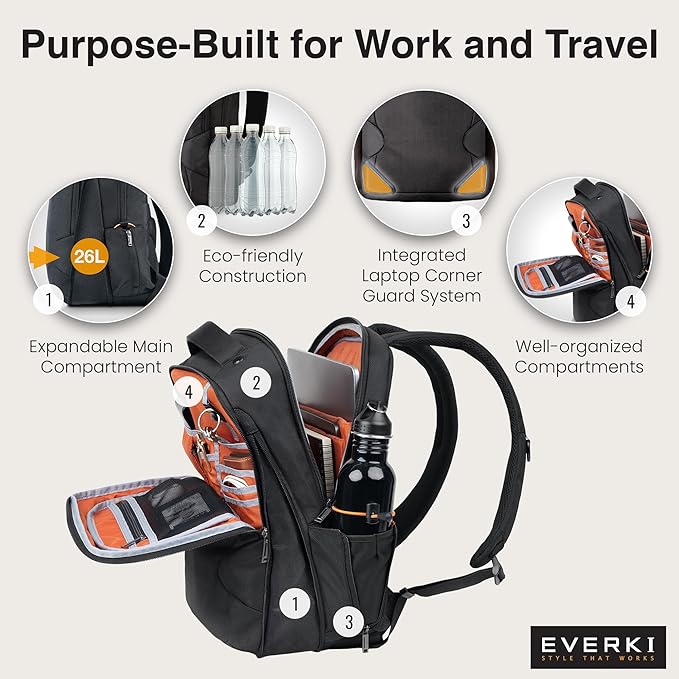 EVERKI Studio Expandable Laptop Backpack for Men & Women – Business and Travel Backpack, Carry-On Backpack for Office & Travel, Professional Backpack, 15-Inch MacBook & Laptop Bag, 26L Capacity, Black