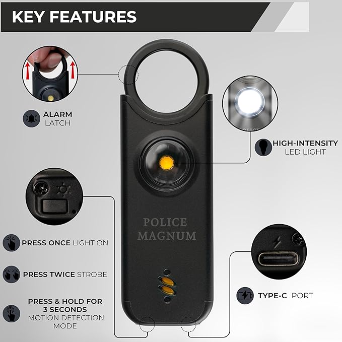 Police Magnum Personal Safety Alarm & Pepper Spray Combo Self Defense Pack for Women- Loud 135db Siren with Light & Max Strength Flip Top Pepper Spray Protection