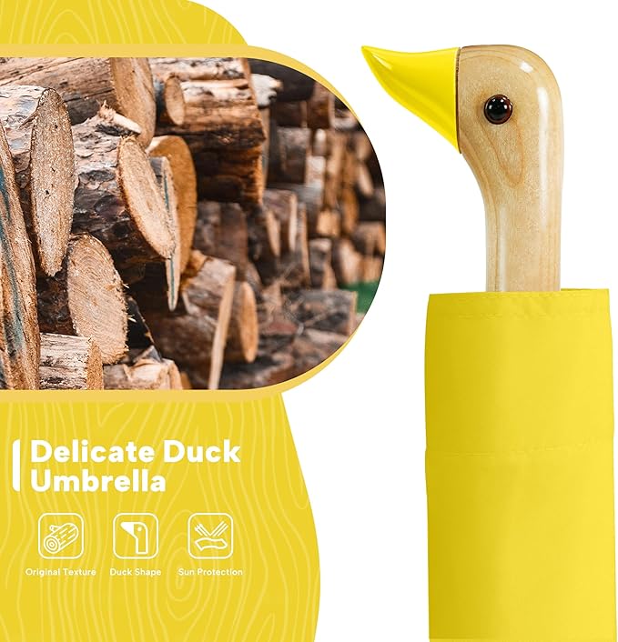 Compact Small Umbrellas for Rain&Sun, Cute Design Duck Head Umbrella for Girls Gifts, 8 Ribs Folding Umbrella with Wooden Handle