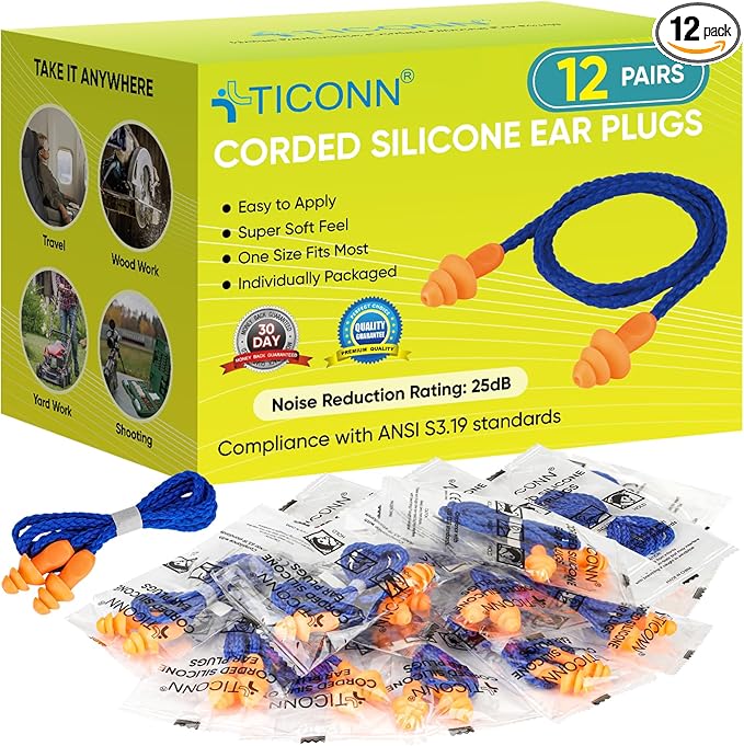 TICONN 12 Pairs Reusable Silicone Ear Plugs for Sleeping Noise Cancelling, Individually Wrapped 25dB NRR Corded Earplugs for Study Concentration Travel (12 Pairs)