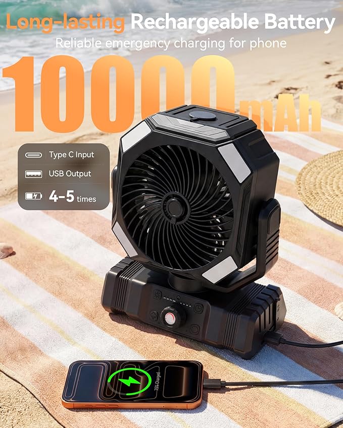 USONE Misting Fan, Portable Camping Fan Rechargeable, Battery Powered Fan for Camping with Light, Remote & Timer, Hanging Tent Fan with Hook for Outdoor fishing, Travel, Work/Summer Essential,Black