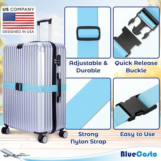 Luggage Straps for Suitcases - TSA Approved - Blue, 4 PK - Premium Nylon Belts for Suitcase, Briefcase & Travel Bag - Adjustable Strap Length 46" - 78"