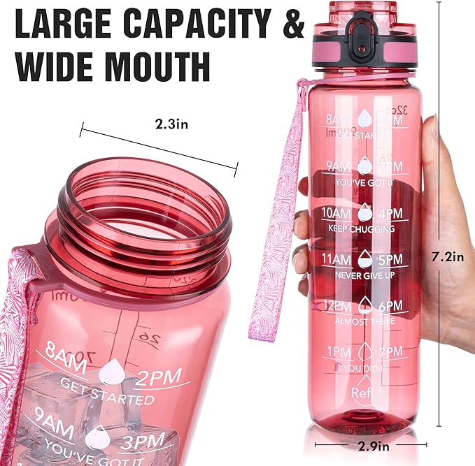 OLDLEY Water Bottle, 32oz Motivational Sports Water Bottle with Time Marker - Times to Drink - Tritan, BPA Free, Wide Mouth Leakproof,Anniversary Birthday Gifts for Men Women, Clear Red
