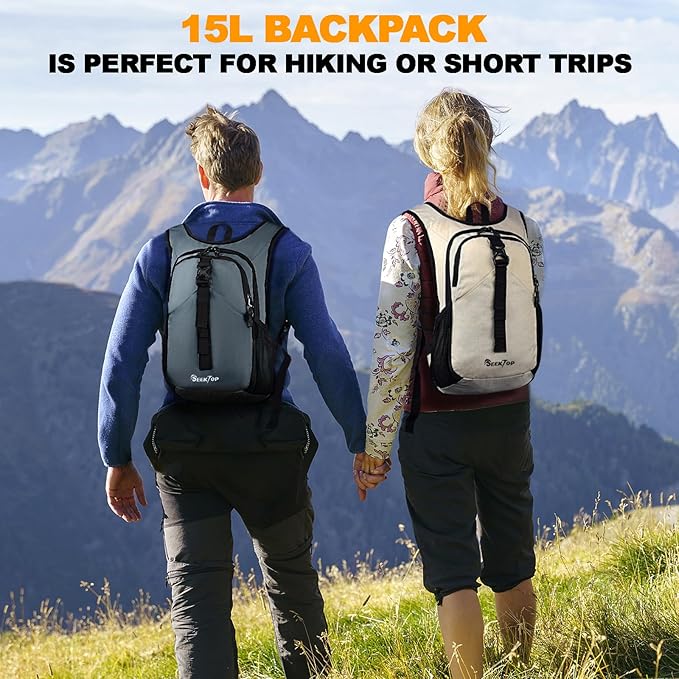 Seektop 15L Small Hiking Backpack for Women Men, Lightweight Hiking Packable Daypack with Phone Pocket for Travel Camping (Grey, 15L)