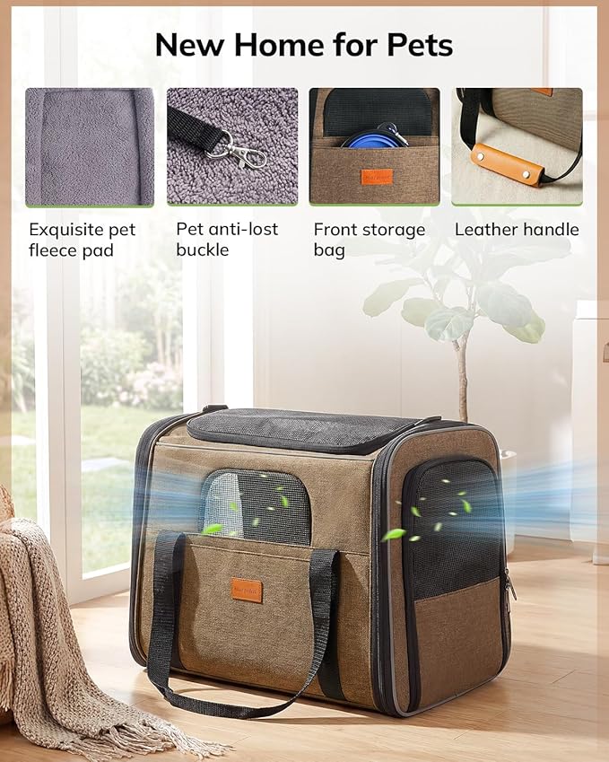 Morpilot Cat Carrier - Cat Carrier Soft for Medium or Large Cats up to 20lbs, with Dual-Sided Cushion, Secure Buckle and Foldable Bowl, Dog Carriers for Small Dogs - Pet Carrier (Brown)