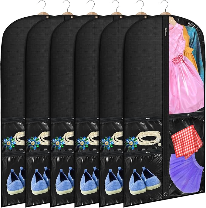 Woanger 6 Pcs Garment Bags for Dance Costumes Clear PVC with Zippers Garment Bag with Pockets Dance Costume Organizer Carrier for Storage Cover for Adult(Black,20'' X 40'')