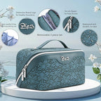 BOYATU Travel Makeup Bag Cosmetic Bags for Women: Large Capacity 3 Pcs Set Make up Bag with Compartments - Waterproof Vegan Leather Toiletry Organizer Bags with Handle (Z-63Blue)