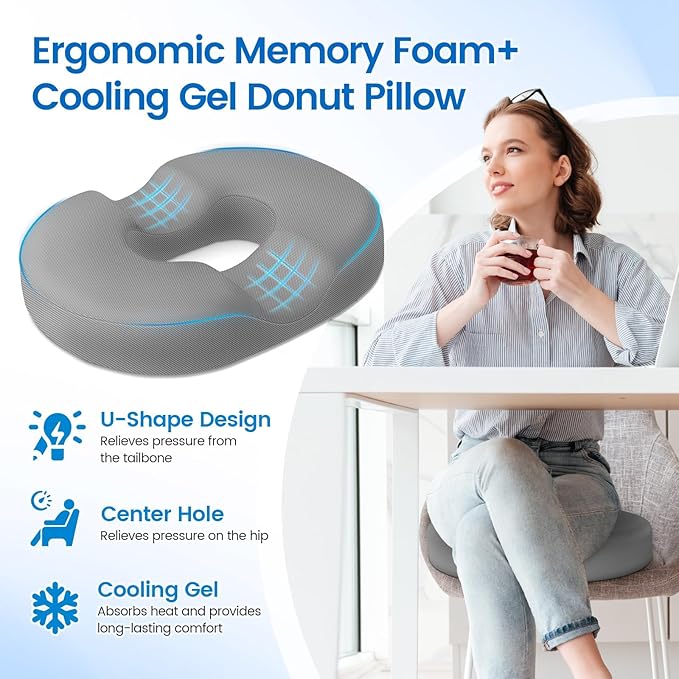 Donut Pillow Seat Cushion - Cooling Gel Donut Chair Cushions, Memory Foam Seat Cushion for Office & Home, Car Seat Cushion and Butt Pillow, Hemorrhoids Pillow and Tailbone Pain Relief, Light Grey