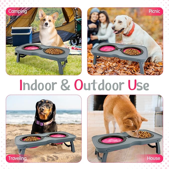 PINVNBY Elevated Dog Bowls Portable Raised Dog Bowl Stand with 2 Collapsible Silicone Food Bowl Non-Slip Travel Bowls for Small Dogs and Cats (14.6" L x 3.9" W x 3.9" H)