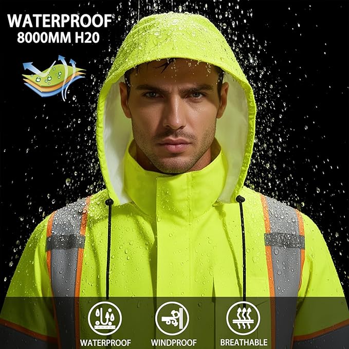 High Vis Reflective Safety Rain Jacket for Men, Class 3 Hi Vis Rain Gear for Construction Workers (Yellow-Black,2XL/3XL)