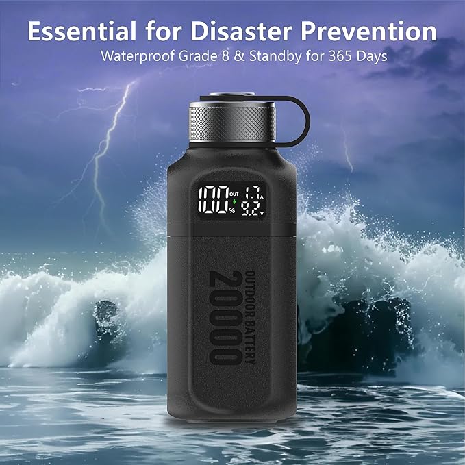 20,000mAh Rugged Power Bank with Fast Charge USB-C PD, IP68 Waterproof Shockproof, Includes 420lm Bright Camping Lantern, Tactical Outdoor Charger for Hiking Camping Survival Emergency（Black）