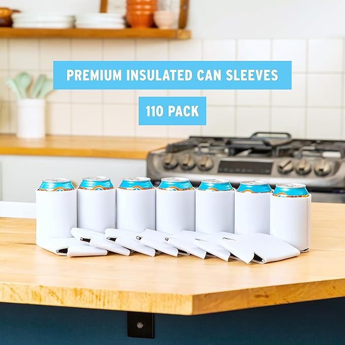 Blank Beer Can Cooler Sleeves (110-Pack) Soft Insulated Beer Can Coolies - HTV Friendly Blank Koolies in Bulk for Beer Cans & Bottles - Coolie Blanks for Vinyl Projects & Wedding Favors (White)