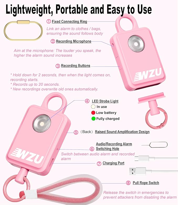 ‌WZU Recordable Personal Safety Alarm - FCC Certified Self Defense Alarm with 2 Emergency Modes - Rechargeable LED Strobe for Women/Men/Elderly - Jogging/Night Running/Travel/Home/Office - 4 Colors