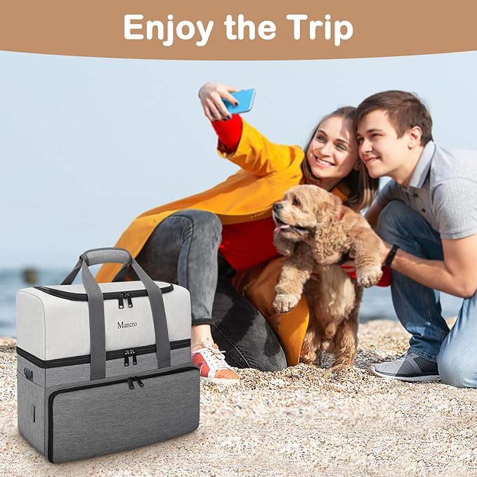 Mancro Dual Layers Dog Travel Bag, Pet Travel Bags with 2 Extra Large Food Containers, 2 Collapsible Dog Bowls, Multi-Pockets Tote Organizer for Pet Supplies, Road Trip Essentials, Weekend Camping