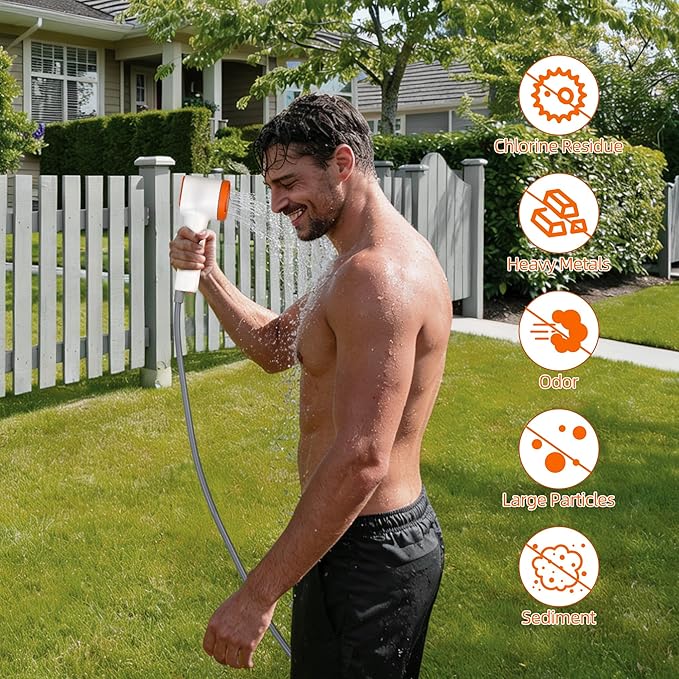 Portable Camping Shower Kit, Rechargeable Pump with Carbon Water Purification, Digital Display, Soft LED Light, Folding Bucket for Outdoor Camping Hiking Pet Bath Car Wash