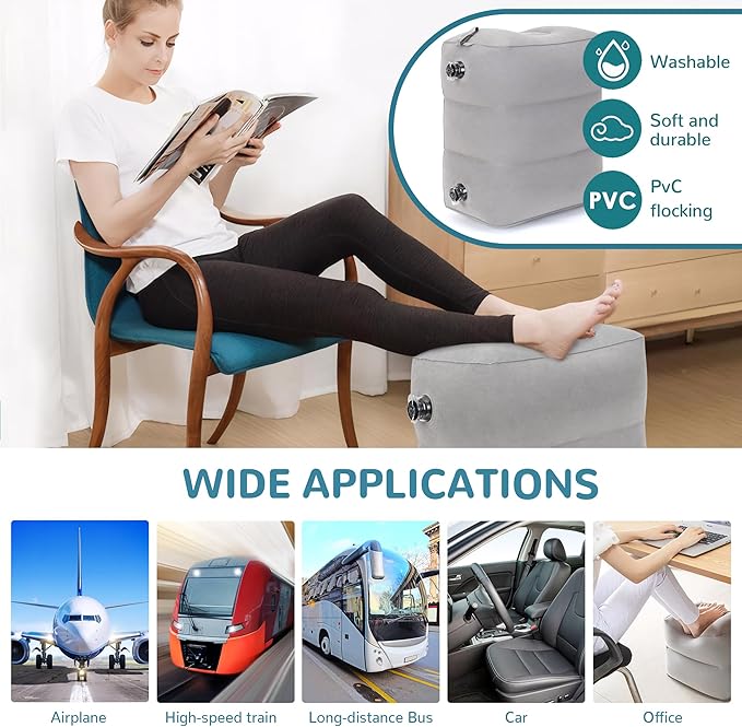 Inflatable Travel Foot Rest Pillow, Adjustable 3 Layers Height Leg Rest Pillow, Kids Airplane Bed, Adults Travel Essentials on Plane, Trains, Cars, Office, Home (Grey, 2 PC)