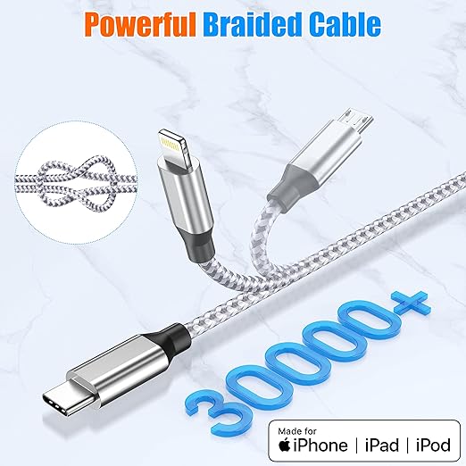 Multi Charging Cable 4ft 3Pack 3 in 1 Charger Cord, Multiple Usb C Port Rapid Nylon Braided Cable USB Charging Cable Multi Phone Charger Cord with Type C Micro Lightning USB Connectors for Cell Phones