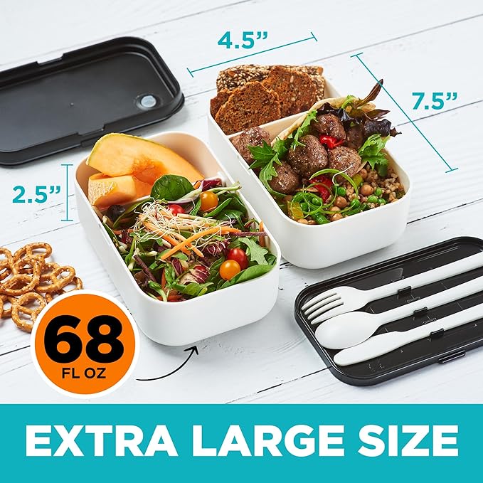 KARRICO Double Premium Bento Box Adult, 67 fl oz BPA-Free - Cream Stackable Lunch Box with Leak-Proof Lids & Dividers, Perfect for Meal Prep, Lunches & Portion Control