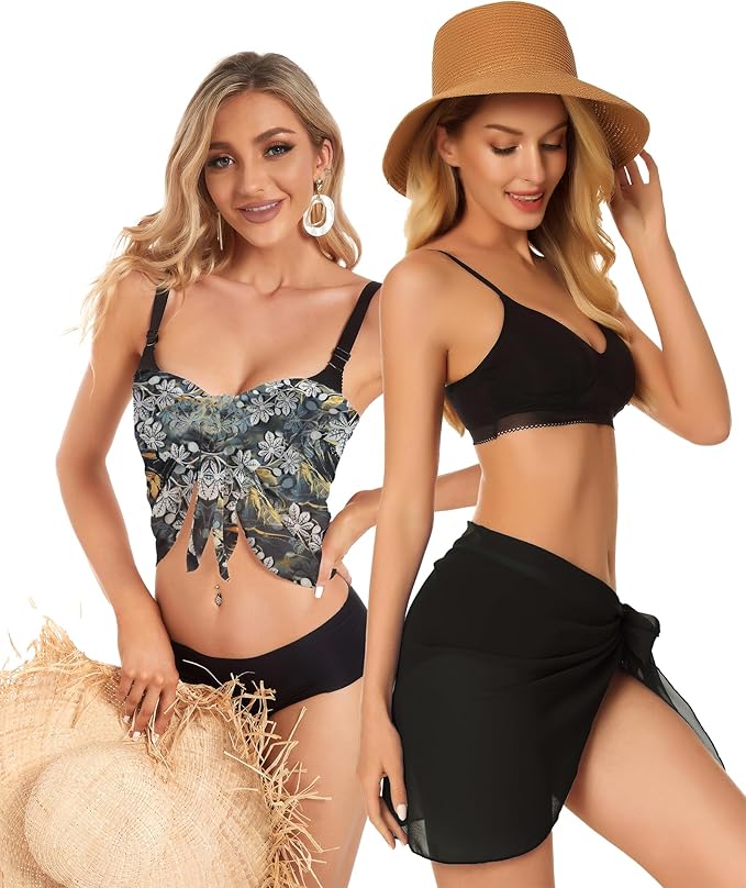 CHICGAL 2 Pieces Women Beach Sarong Bathing Suit Wrap Skirt Sheer Bikini Swimsuit Cover Ups for Swimwear