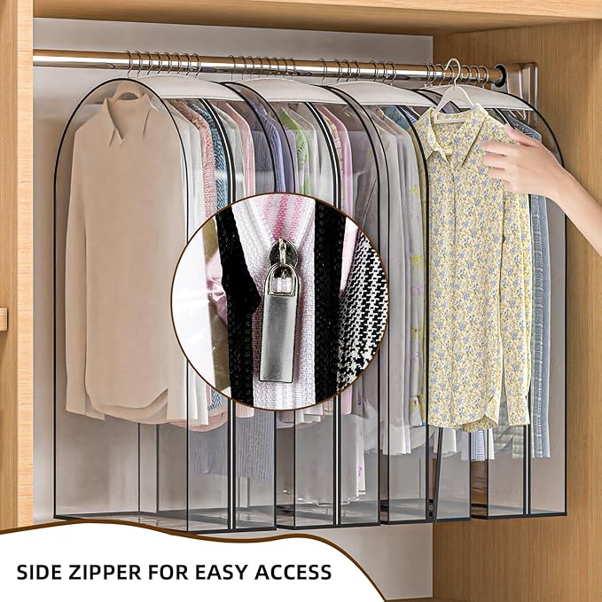 Upgraded Thickened Clear Garment Bags for Hanging Clothes 4 Packs, 10“ Gusseted and 40" Clothes Protectors for Hanging Clothes for Closet, Shirts, Coats, Dresses