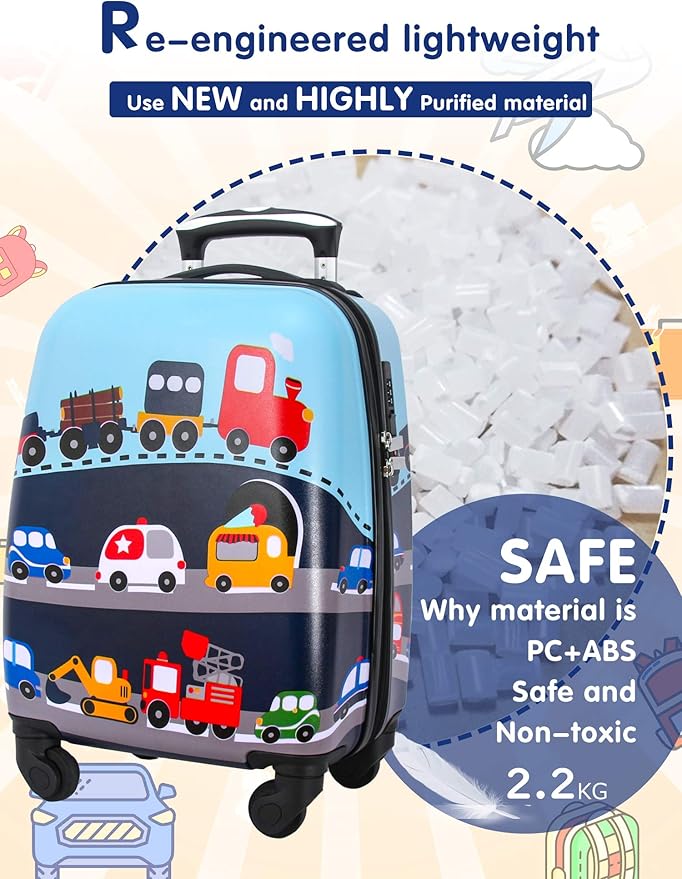 GURHODVO Kids Luggage with Spinner Wheels for Boys Girls Carry on Hardshell Suitcase Travel Trolley Toddlers Children Gift (vehole, 18inch)