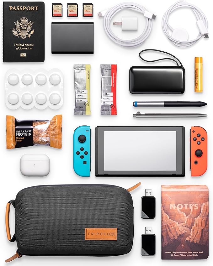 Tech Bag Organizer - Small Electronics Organizer Pouch for Travel - Premium Travel Case with Leather Accents - Mesh Pocket for Cables, Cords and Chargers (Black)