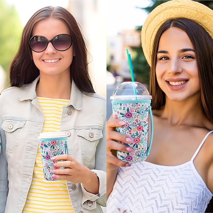 KJQJLY 3 Pack Reusable Iced Coffee Sleeves for Iced Coffee Cups or Drinks Reusable Neoprene Insulated Sleeves for Hot and Cold Drinks from Starbucks, Dunkin, And More (White Flower Bush)