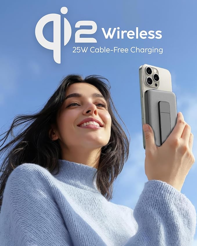 myCharge CliqLuxe Magnetic Wireless Power Bank 10,000mAh | iPhone & MagSafe Compatible | Qi2.2 25W Mag Safe Portable Charger | Built-in Stand | 20W PD USB-C Port | Premium Grey Fabric