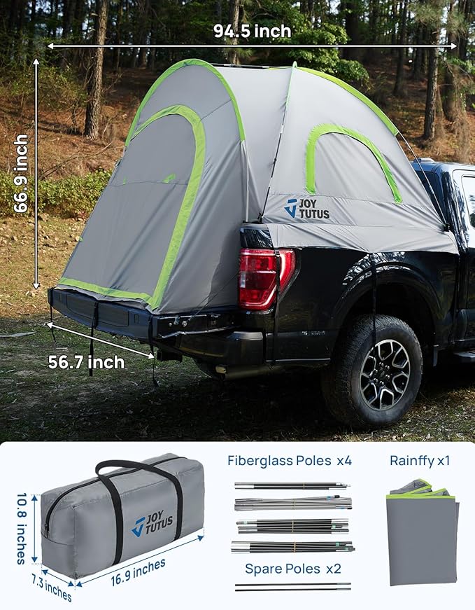 JOYTUTUS Pickup Truck Tent 6.0ft, Waterproof PU2000mm Double Layer for 2 Person, Portable Truck Bed Tent with Rainfly - Green, Fiberglass Pole