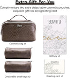 BOYATU Travel Makeup Bags for Women: 3 Pcs Set Wide Open Cosmetic Bag - Portable Make up Bags with Handle - Vegan Leather Toiletry Organizer Bag with Divider (G-03-Coffee)