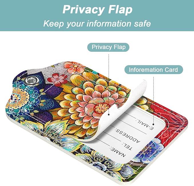 Rimilak 3 Pcs PU Leather Luggage Tags for Suitcase, Travel Cruise Luggage Tag with Privacy Flap, Name ID Label and Metal Loop for Women Men Baggage Handbag School Bag Backpack, Watercolor Flowers