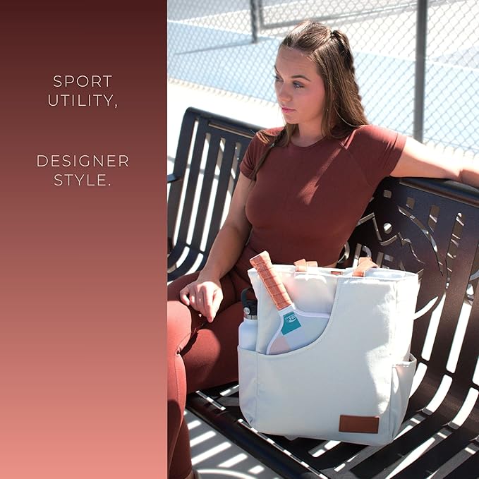 Designer Pickleball Bags for Women | Canvas & Vegan Leather Pickle Ball Tote Bag with Cover Pockets for 4 Paddles | 14"x12"x5.5" Small/Medium Tote Bag with Paddle Pocket & Fence Hook